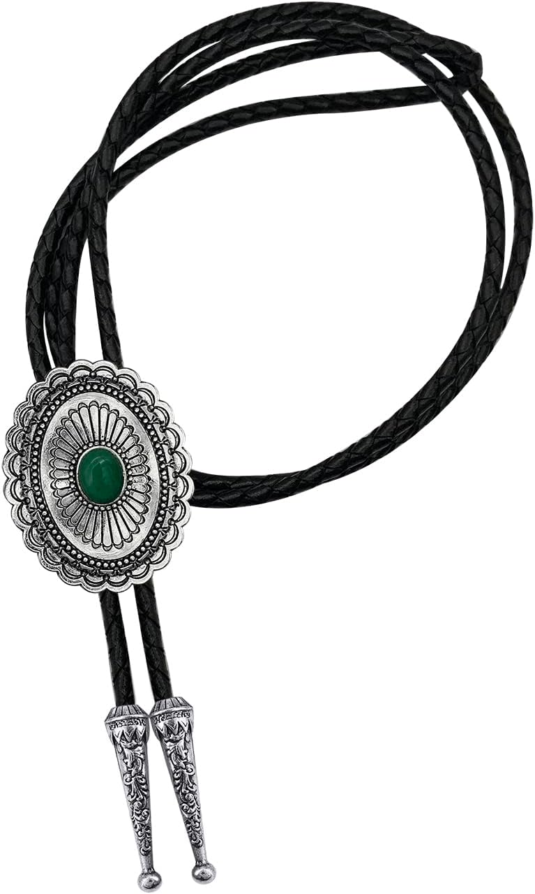 YOQUCOL Vintage American Western Cowboy Indian Art Stone Genunie Leather Bolo Tie For Men Women - Image 1